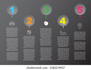 Vektorgrafik mit fünf nummerierten Treppen, Symbolen und Platz für Text. Für Unternehmens- und Unternehmensstatistiken, Präsentationen, Projektvisualisierungen