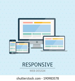 Vector infographic of flat responsive web design. Desktop monitor, laptop device, mobile phone, tablet illustration. Responsive web design flat prototype. Responsive flat desktop design