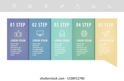 Vector infographic flat template arrows for five diagrams, graph, presentation. Business concept with 5 label. For content, flowchart, step for step, timeline, levels, marketing, data visualization