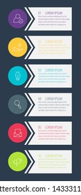 Vector infographic flat template circles for six label, diagram, graph, presentation. Business concept with 6 options and arrows. For content, flowchart, steps, timeline, workflow, marketing. EPS10
