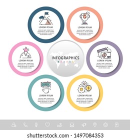 Vector infographic flat template circles for six paper label, diagram, graph, presentation. Business concept with 6 options. Blank space for content, step for step, timeline, workflow, marketing