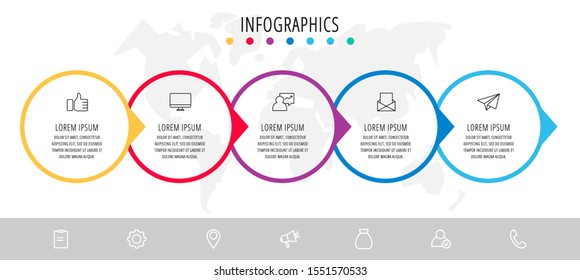 Vector infographic flat template. Circles with arrow for five diagrams, graph, flowchart, timeline, marketing, presentation. Business concept with 5 labels