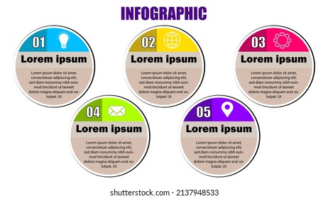 Vector infographic flat template. Circles with icon for five diagrams, graph, flowchart, timeline, marketing, presentation. Business concept with 5 labels
