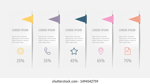 Vector infographic flat template for five paper label, diagram, graph, presentation. Business concept with 5 options. Blank space for content, step for step, timeline, workflow, marketing