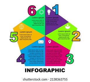 Vector infographic flat template. Pentagon with icon for six diagrams, graph, flowchart, timeline, marketing, presentation. Business concept with 6 labels