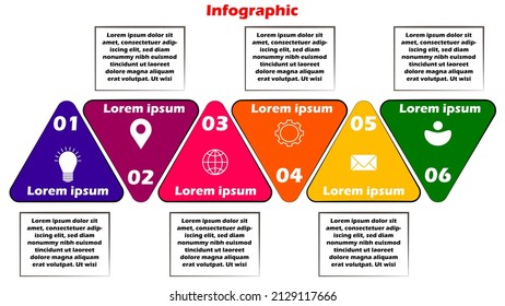 Vector infographic flat template.  Rectangle, Triangle with icon for six diagrams, graph, flowchart, timeline, marketing, presentation. Business concept with 6 labels