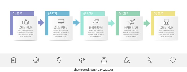 Vector infographic flat template. Rectangles with arrows for five diagrams, graph, flowchart, timeline, marketing, presentation. Business concept with 5 labels