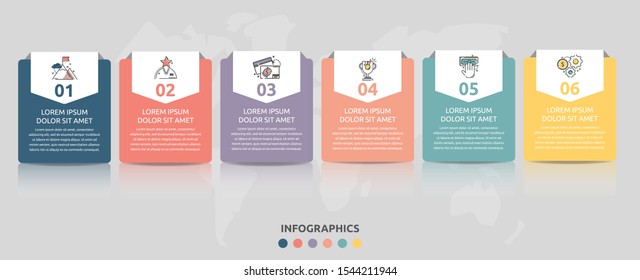 Vector infographic flat template. Rectangles with arrows for six diagrams, graph, flowchart, timeline, marketing, presentation. Business concept with 6 labels