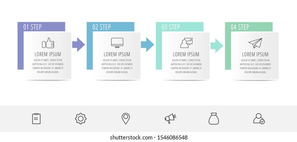 Vector infographic flat template. Rectangles with arrows for four diagrams, graph, flowchart, timeline, marketing, presentation. Business concept with 4 labels