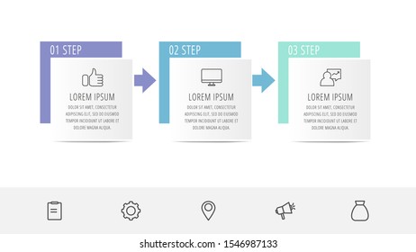 Vector infographic flat template. Rectangles with arrows for three diagrams, graph, flowchart, timeline, marketing, presentation. Business concept with 3 labels