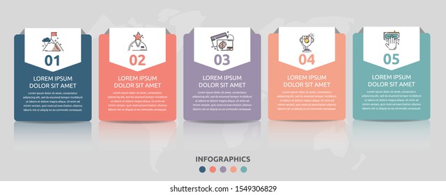 Vector infographic flat template. Rectangles with arrows for five diagrams, graph, flowchart, timeline, marketing, presentation. Business concept with 5 labels