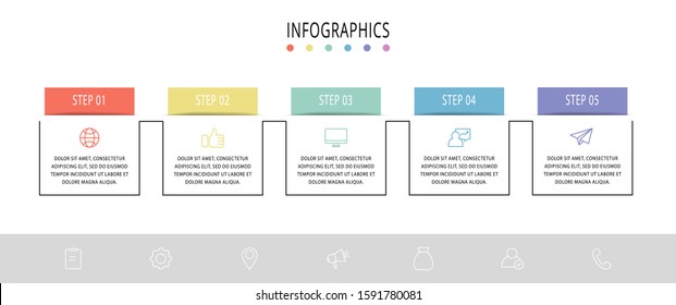 Vector infographic flat template. Rectangles for five diagrams, graph, flowchart, timeline, marketing, presentation. Business concept with 5 labels