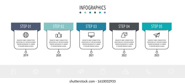 Vector infographic flat template. Rectangles for five diagrams, graph, flowchart, timeline, marketing, presentation. Business concept with 5 labels