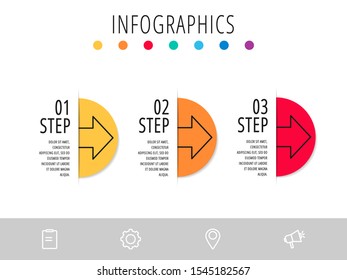 Vector infographic flat template. Semicircle with arrow for three diagrams, graph, flowchart, timeline, marketing, presentation. Business concept with 3 labels