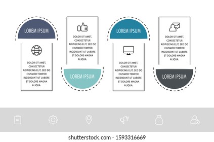 Vector infographic flat template. Shape with icons for four diagrams, graph, flowchart, timeline, marketing, presentation. Business concept with 4 labels