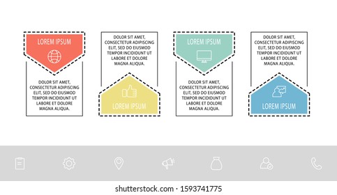 Vector infographic flat template. Shape with arrow for four diagrams, graph, flowchart, timeline, workflow, web. Business concept with 4 labels