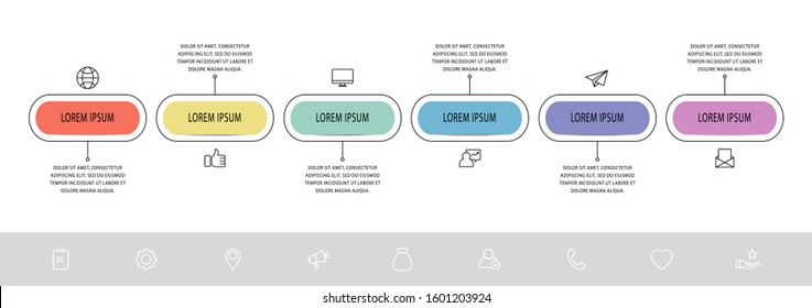Vector infographic flat template. Shape with icons for six diagrams, graph, flowchart, timeline, marketing, presentation. Business concept with 6 labels