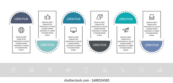 Vector infographic flat template. Shape with icons for six diagrams, graph, flowchart, timeline, marketing, presentation. Business concept with 6 labels