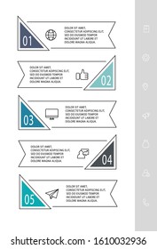 Vector infographic flat template. Shape with icons for five diagrams, graph, flowchart, timeline, workflow, web. Business concept with 5 labels