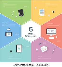 Vector Infographic flat template six steps, icons. 