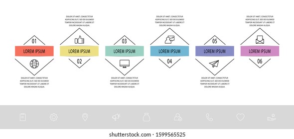 Vector infographic flat template. Triangle with arrows for six diagrams, graph, flowchart, step for step, timeline, presentation. Business concept with 6 labels