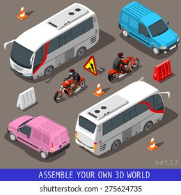 Vector Infographic Flat Tourist 3d isometric Coach Van Bus icon Cargo collection. Harley Davidson Tourist Motorbike bus coach van Harley Davidson Motorbike 3d infographic Isometric Vector Cargo Flat