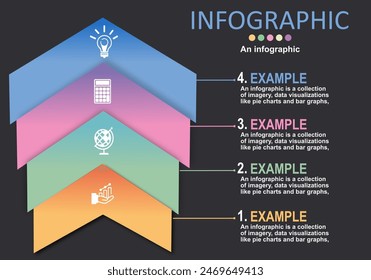 Vektorgrafik Infografik von vier abgestuften Pfeilen in aufsteigender Reihenfolge auf einem schwarzgrauen Hintergrund im modernen Stil für Präsentationen über Finanzen, Bankwesen, Verwaltung, Bildung, Arbeitsplanung.