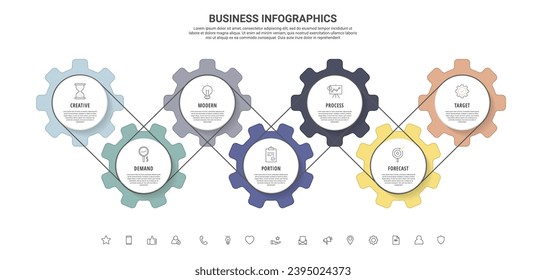 Engranajes de infografía vectorial con 7 pasos. Escala de tiempo moderna con ruedas cognitivas para concepto de negocio, gráfico, diagrama, web, banner, presentaciones, diagrama de flujo, niveles