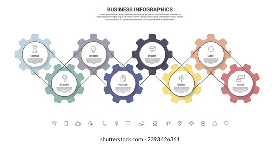 Vector infographic gears with eight steps. Modern timeline with cogwheels for business concept, chart, diagram, web, banner, presentations, flowchart, levels