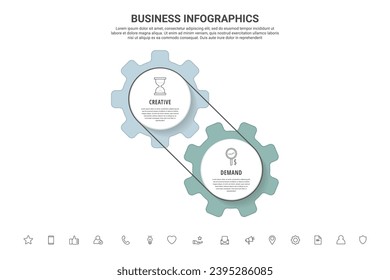 Vector infographic gears with two steps. Modern timeline with cogwheels for business concept, chart, diagram, web, banner, presentations, flowchart, levels