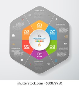 Vector infographic of gradient dark gray hexagonal forms cut from paper with shadows, text and color icons on the gradient gray background. Can be used for business, presentation, education.