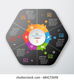 Vector infographic of gradient dark gray and color hexagonal and round form cut from paper with shadow, text and color icons on the gradient gray background.