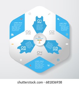 Vector infographic of gradient gray convex hexagonal form with blue corners and arrows, concave circle cut from paper with shadows, text and icons on the gradient gray background.