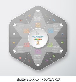 Vector infographic of gradient gray hexagon with star with folded ends and white round form cut from paper with shadow, text and color icons on the gradient gray background.