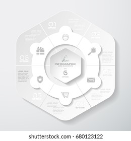 Vector infographic of gradient gray hexagonal forms cut from paper with shadows, text and icons on the gradient gray background.