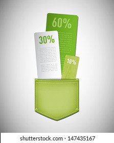 Vector infographic green denim pocket with paper cards and ribbon tag