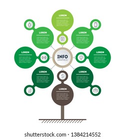 Vector infographic of green technology or education process with 8 points. Web Template of tree, info chart or diagram. Vertical eco Business presentation concept with 8 options.