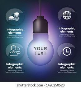 vector infographic, hanging light bulb growing on neon background, illustration, idea concept
