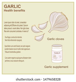 Vector infographic for health benefits of garlic showing garlic bulb and garlic supplement.