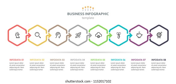 Vector Infographic hexagon design with icons and 8 options or steps. Infographics for business concept. Can be used for presentations banner, workflow layout, process diagram, flow chart, info graph