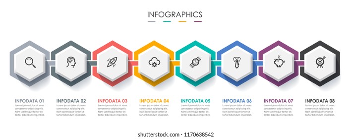 Diseño hexagonal de vectores con iconos y 8 opciones o pasos. Infografía para el concepto de negocio. Se puede utilizar para presentaciones banner, diseño de flujo de trabajo, diagrama de procesos, diagrama de flujo, gráfico de información