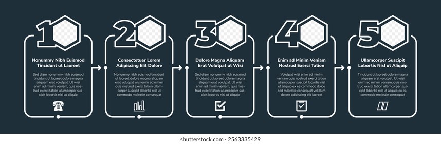 Vector Infographic hexagon design with icons, photo space and 5 options or steps. Infographics for business concept. line style with white color. Can be used for presentations banner, workflow, proces