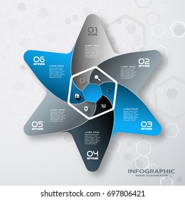 Vector infographic of hexagon form and color star with 6 rays cut from paper with shadows, icons with long shadows and text on the gradient gray background with hexagon pattern.