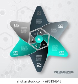 Infografía de Vector de forma hexagonal y estrella de color con 6 rayos cortados de papel con sombras, íconos con largas sombras en el fondo gris degradado con patrón hexagonal.
