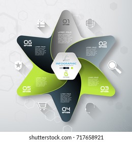 Vector infographic of hexagon form and color star with 6 rays cut from paper with shadows, icons with long shadows and text on the gradient gray background with hexagon pattern.