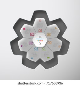 Vector infographic of hexagon form and gray convex with 7 rays shape cut from paper placed to the star-shaped neckline with shadows on the gradient background.