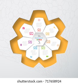 Vector infographic of hexagon form and white with 7 rays shape cut from paper placed to the star-shaped neckline with shadows on the yellow and gradient gray background with hexagon pattern.