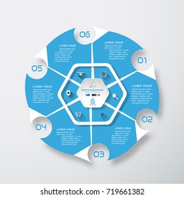 Vector infographic of hexagonal form and blue segments with round cutout, text and white icons with long shadows on the gradient gray background.
