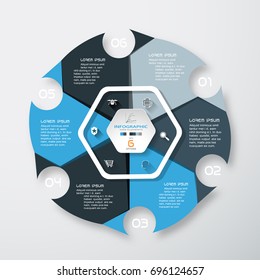 Vector infographic of hexagonal form and color segments with round cutout, text and white icons with long shadows on the gradient gray background.
