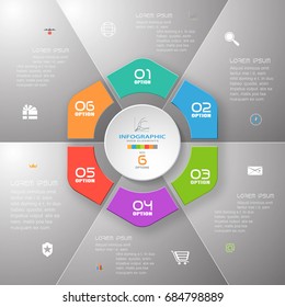 Vector infographic of hexagonal and round forms cut from paper with shadows, text and icons on the gradient dark gray background composed of segments.